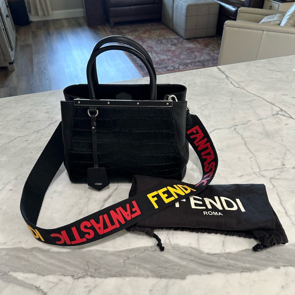 Authentic FENDI Petite 2Jours Tote Black Crocodile Embossed Pony Hair & Leather